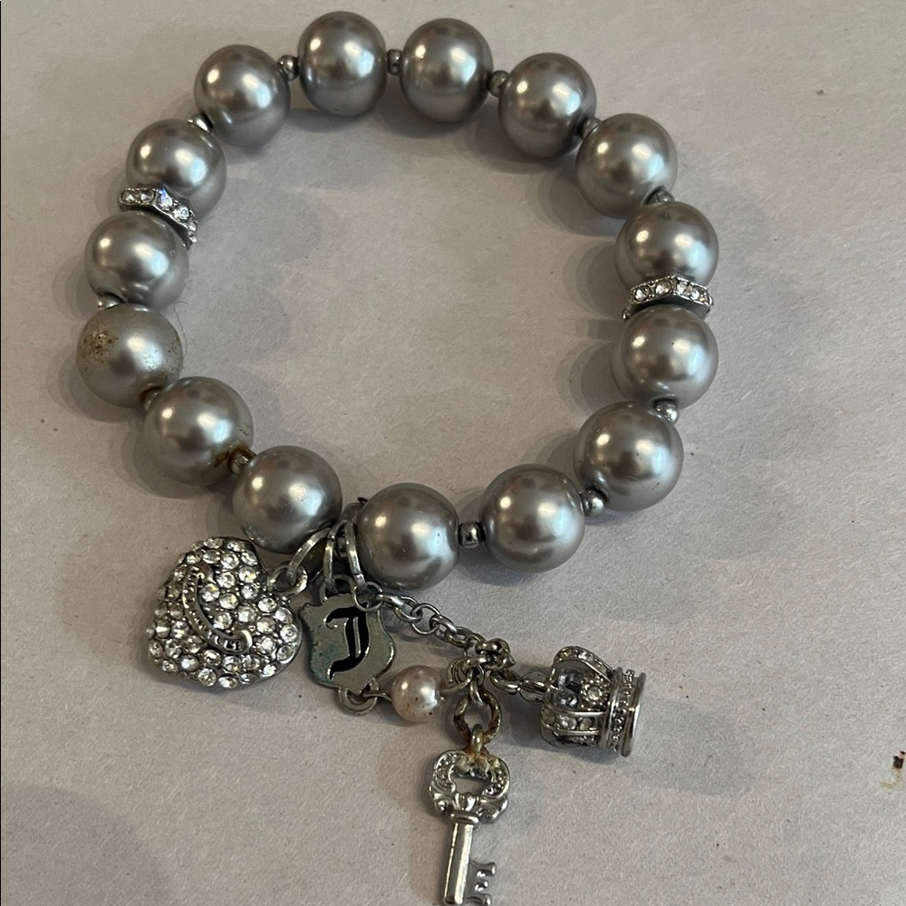 VINTAGE JUICEY COUTURE Silver Beaded Charm Bracelet, crown/key/heart/J/pearl